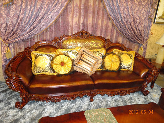 Antique Frame Chesterfield Carved Wood And Leather Sofa Set